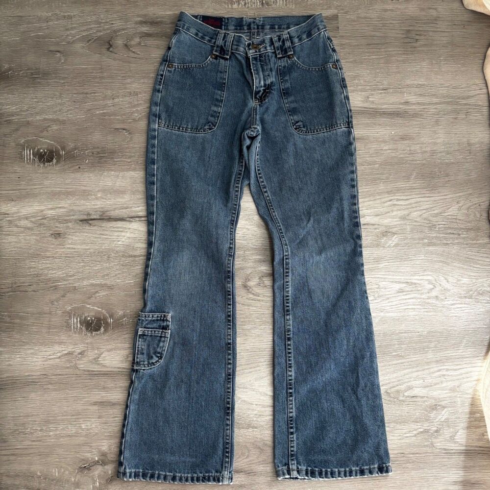 Vintage Lee Dungarees Flare Jeans Cargo Pocket Blue Denim Women's 26
